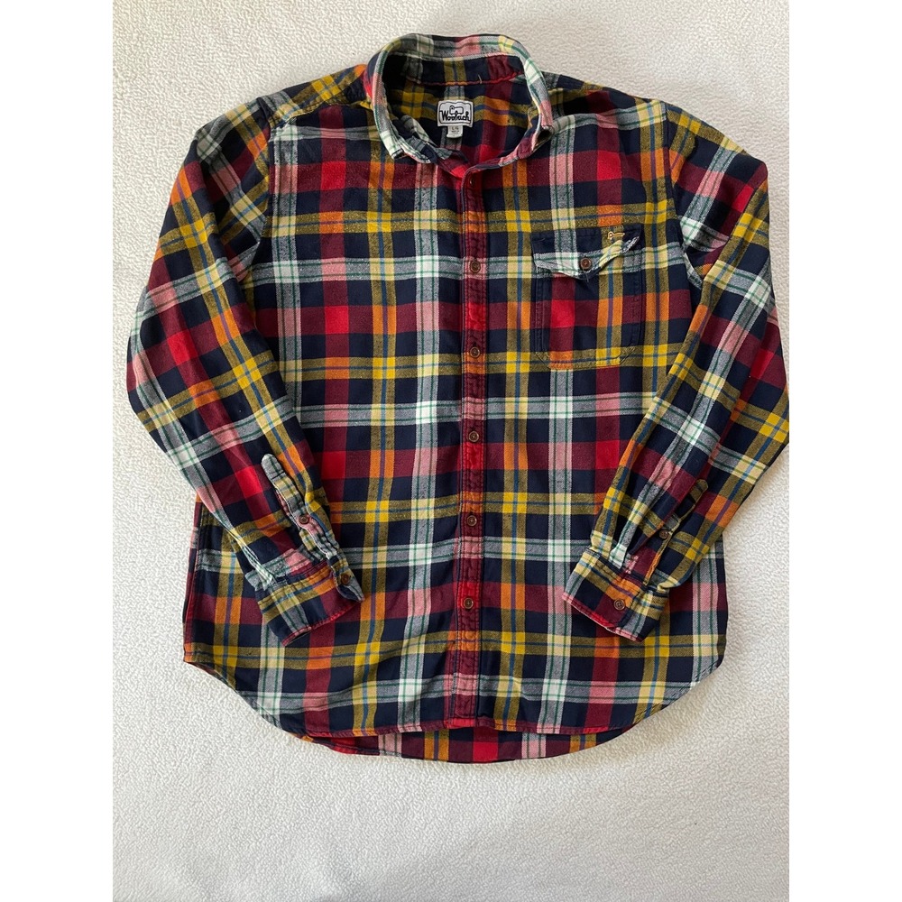 80s Woolrich Mens Large Button Down Shirt Multi Color Plaid Flannel Sheep Logo